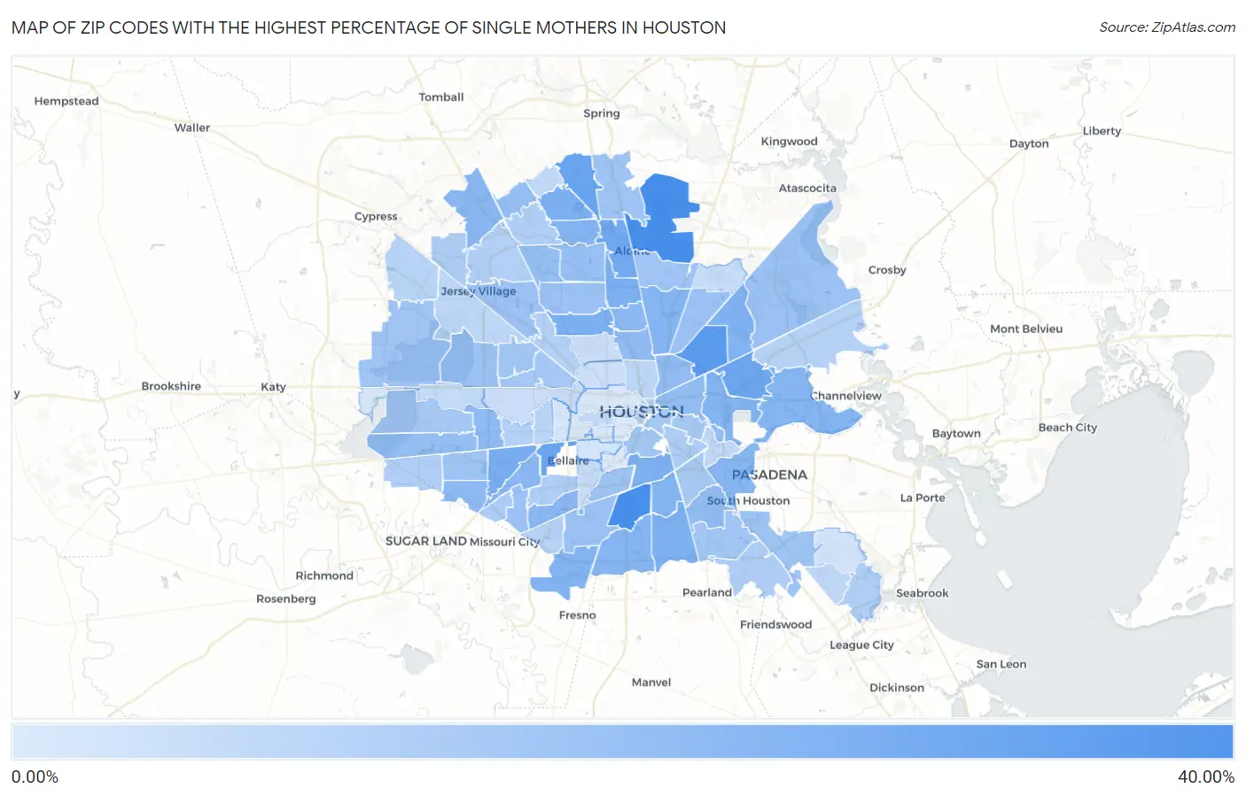 Zip Codes with the Highest Percentage of Single Mothers in Houston Map