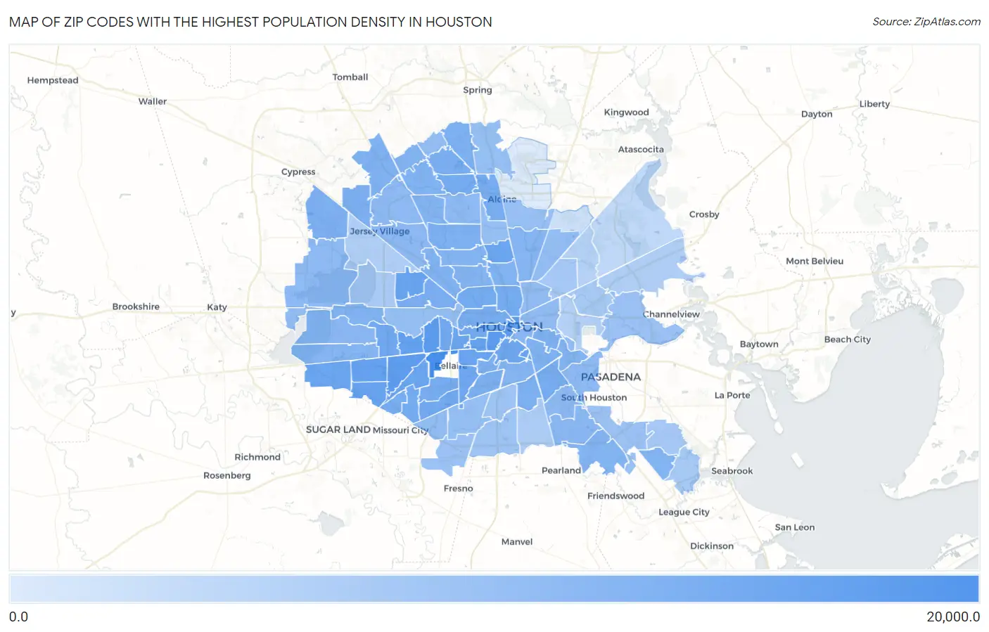 Zip Codes with the Highest Population Density in Houston Map