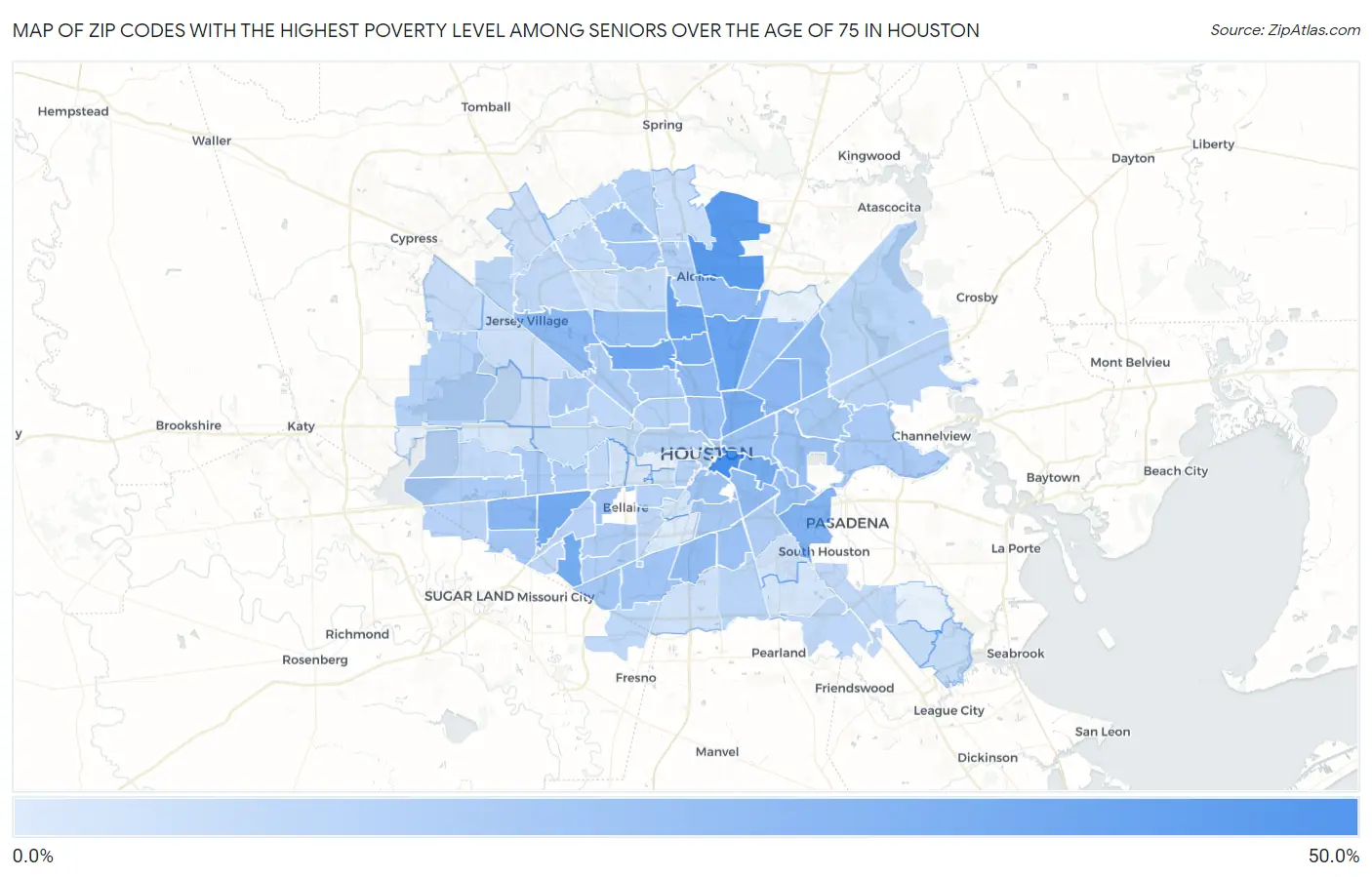 Zip Codes with the Highest Poverty Level Among Seniors Over the Age of 75 in Houston Map
