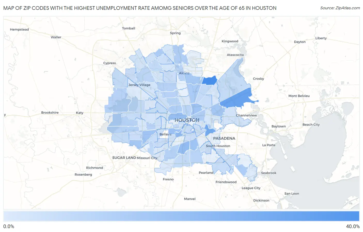 Zip Codes with the Highest Unemployment Rate Amomg Seniors Over the Age of 65 in Houston Map