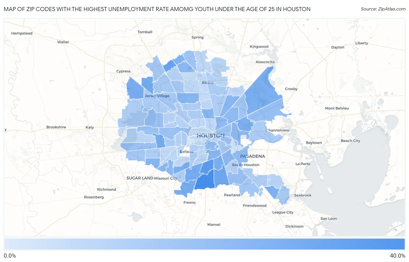 Zip Codes with the Highest Unemployment Rate Amomg Youth Under the Age of 25 in Houston Map