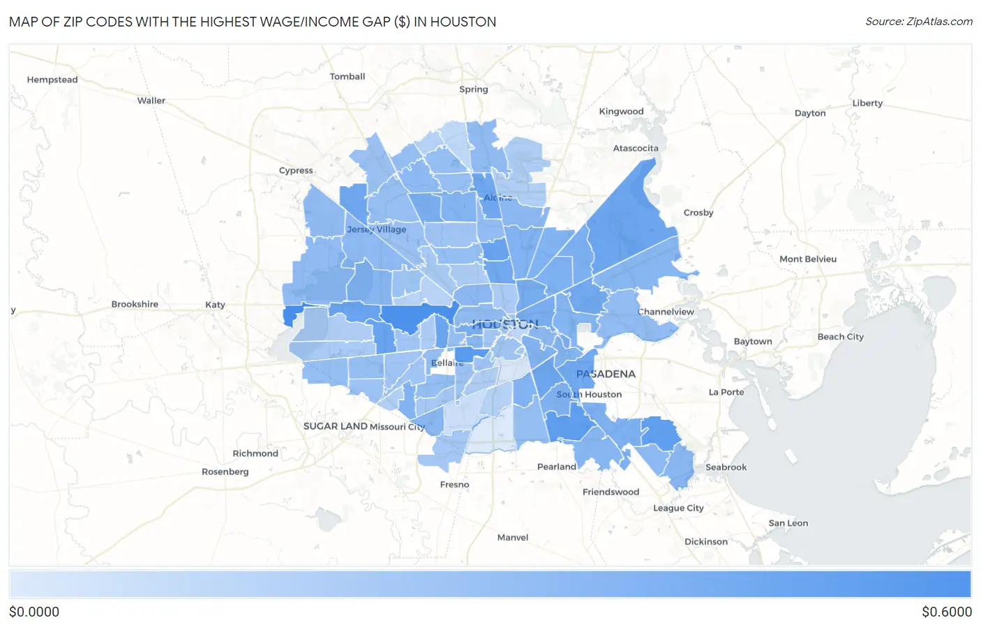 Zip Codes with the Highest Wage/Income Gap ($) in Houston Map