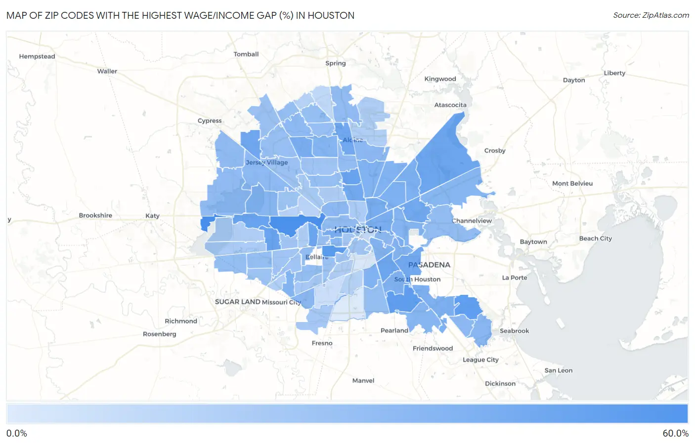 Zip Codes with the Highest Wage/Income Gap (%) in Houston Map