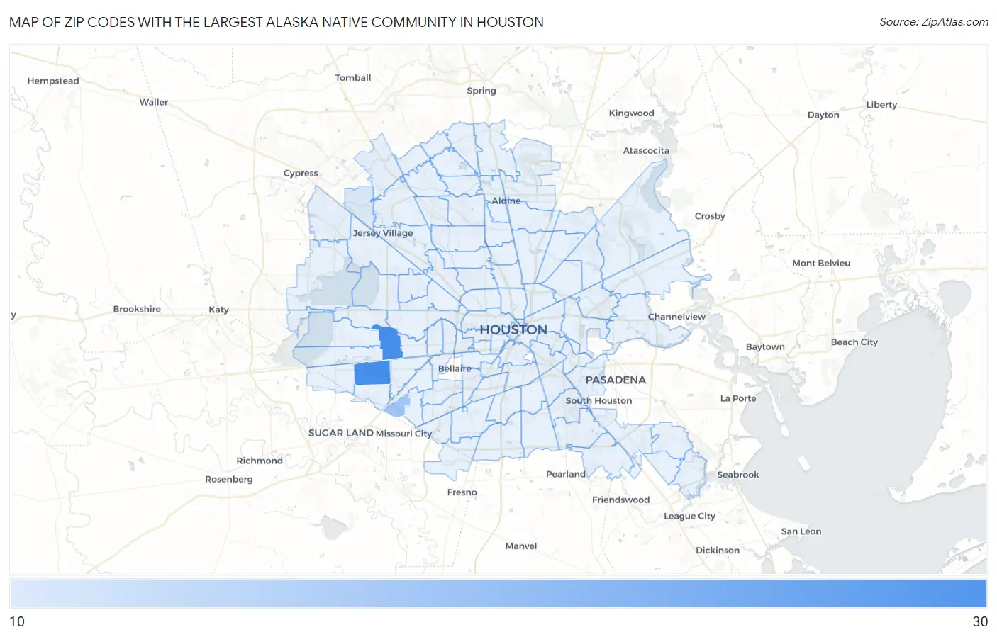 Zip Codes with the Largest Alaska Native Community in Houston Map