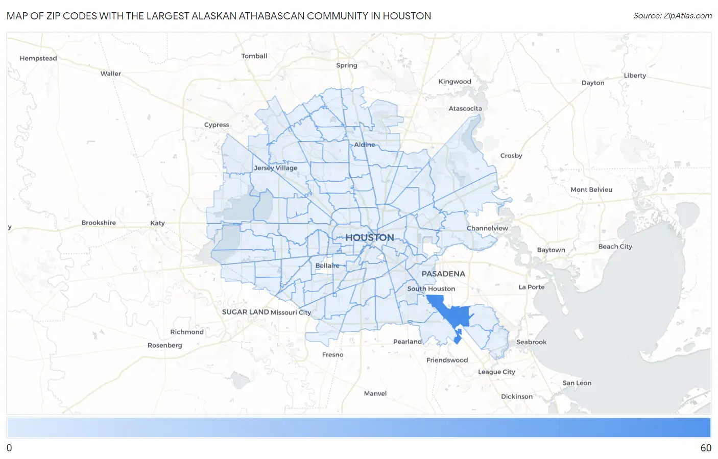 Zip Codes with the Largest Alaskan Athabascan Community in Houston Map