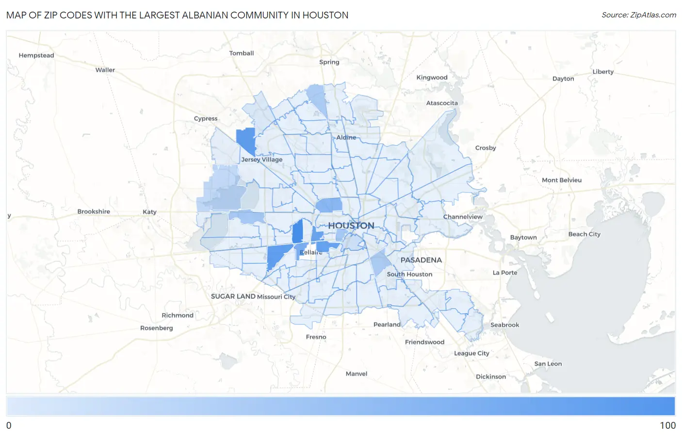 Zip Codes with the Largest Albanian Community in Houston Map