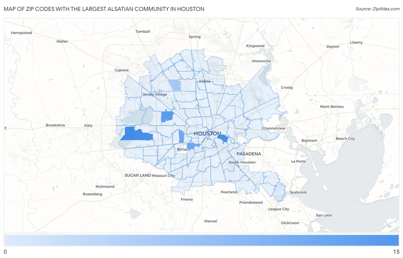 Zip Codes with the Largest Alsatian Community in Houston Map