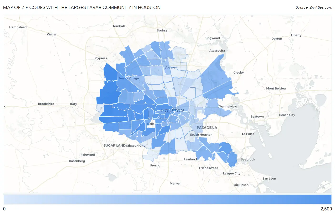 Zip Codes with the Largest Arab Community in Houston Map