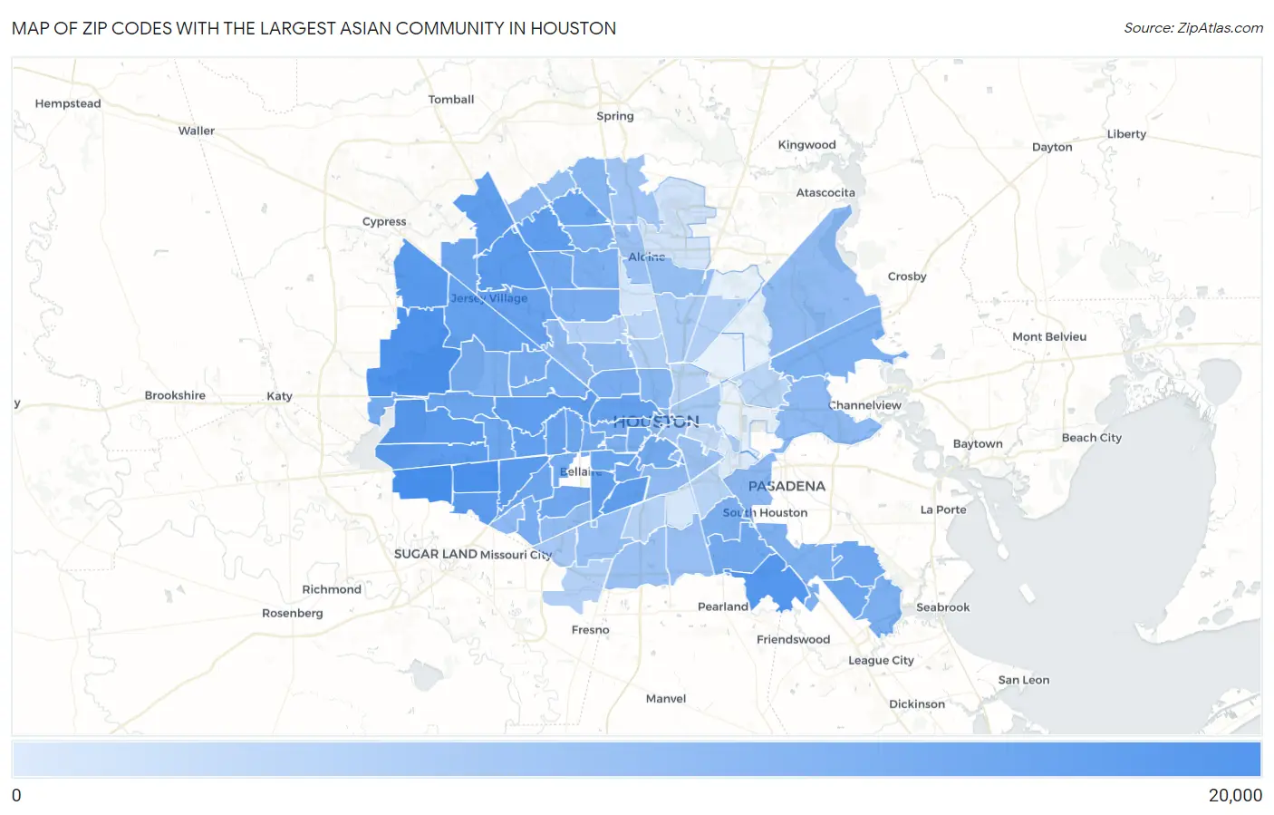 Zip Codes with the Largest Asian Community in Houston Map