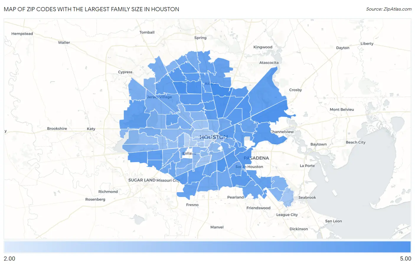 Zip Codes with the Largest Family Size in Houston Map