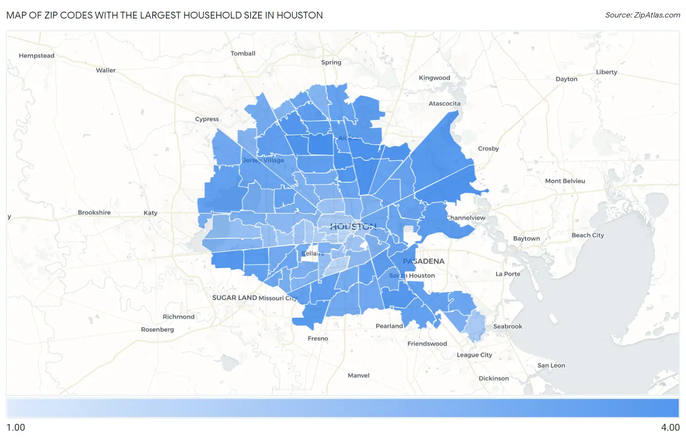 Zip Codes with the Largest Household Size in Houston Map