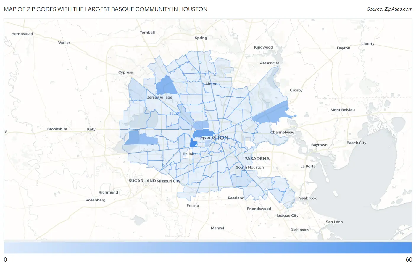 Zip Codes with the Largest Basque Community in Houston Map