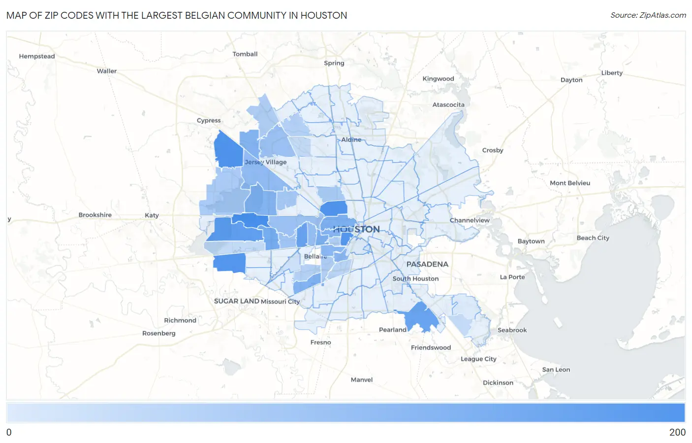 Zip Codes with the Largest Belgian Community in Houston Map