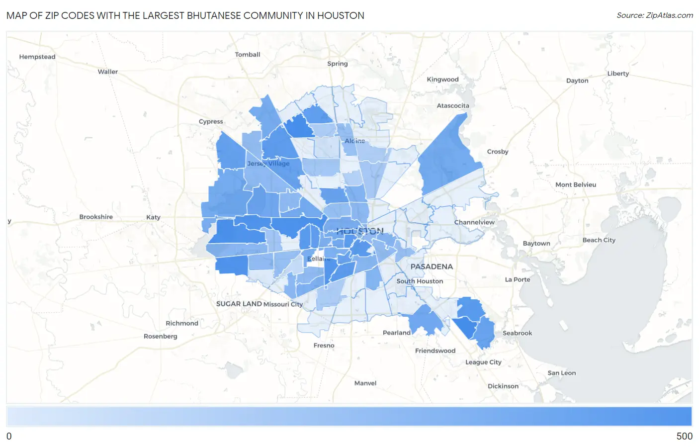 Zip Codes with the Largest Bhutanese Community in Houston Map