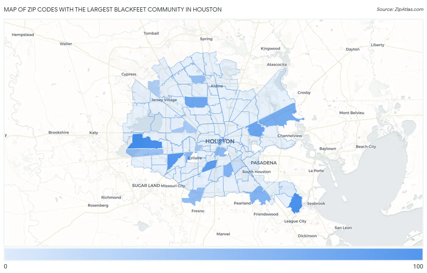 Zip Codes with the Largest Blackfeet Community in Houston Map