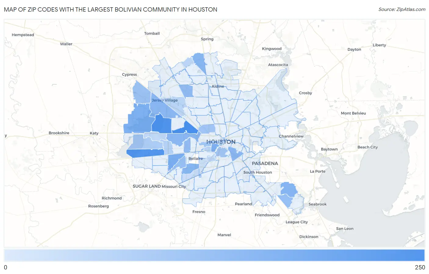 Zip Codes with the Largest Bolivian Community in Houston Map