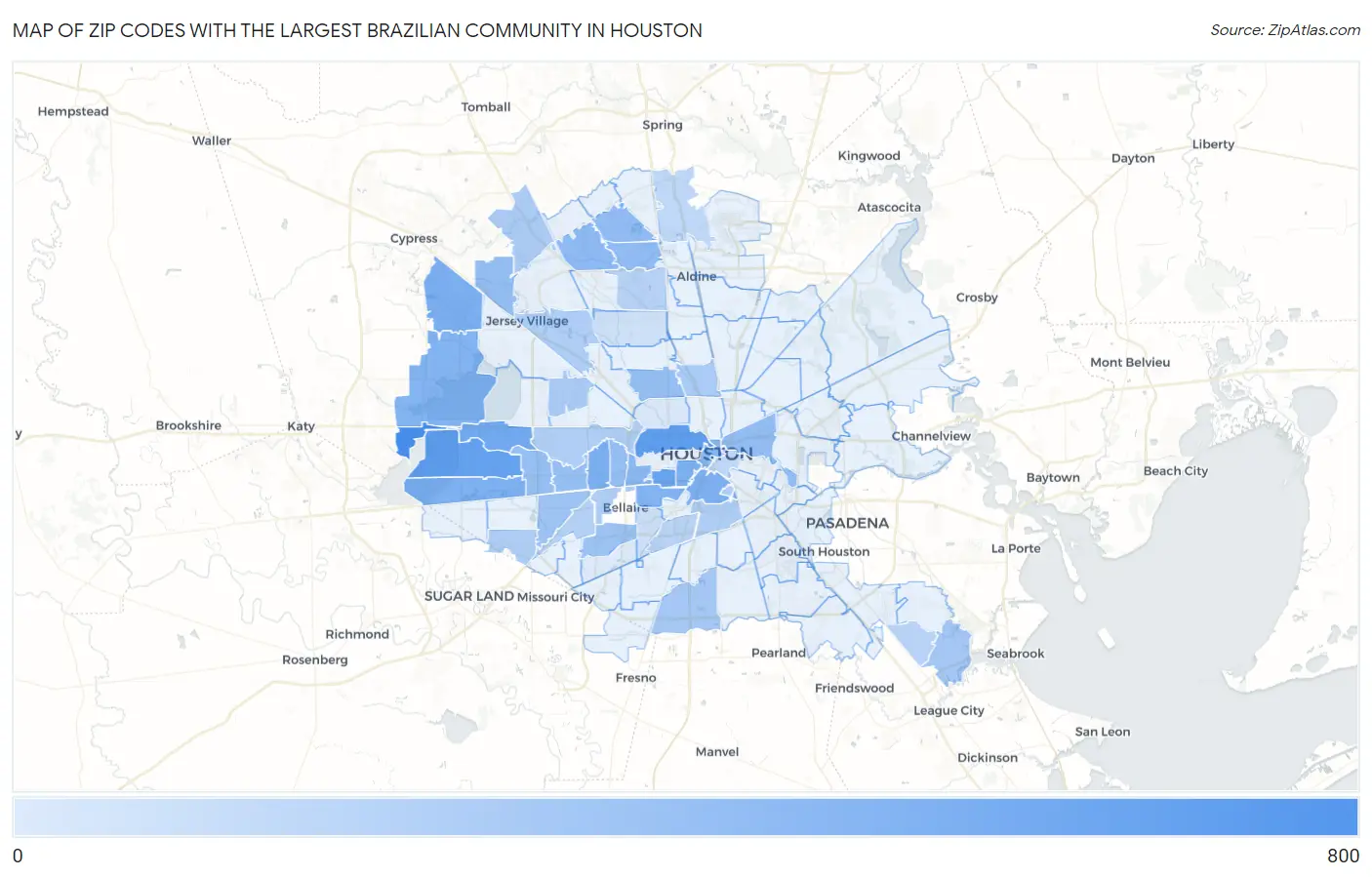 Zip Codes with the Largest Brazilian Community in Houston Map