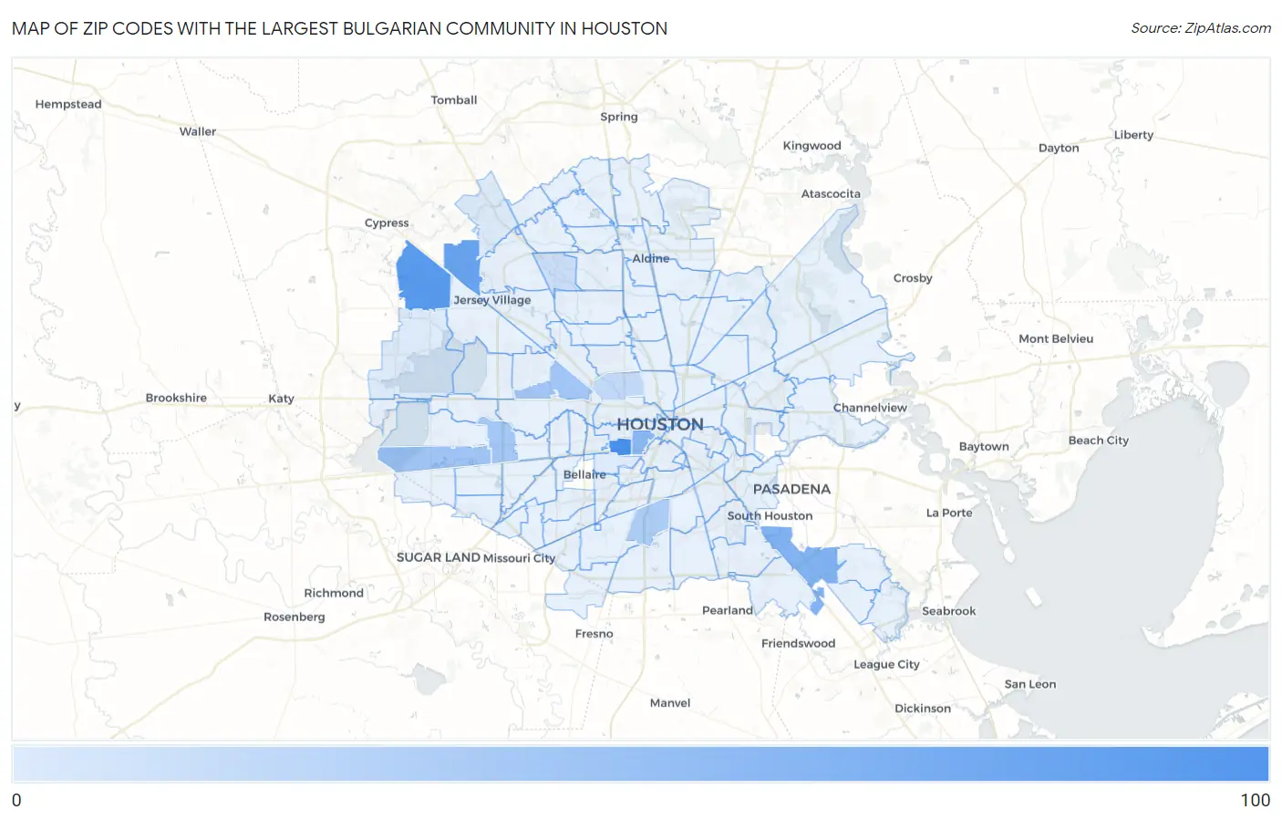 Zip Codes with the Largest Bulgarian Community in Houston Map