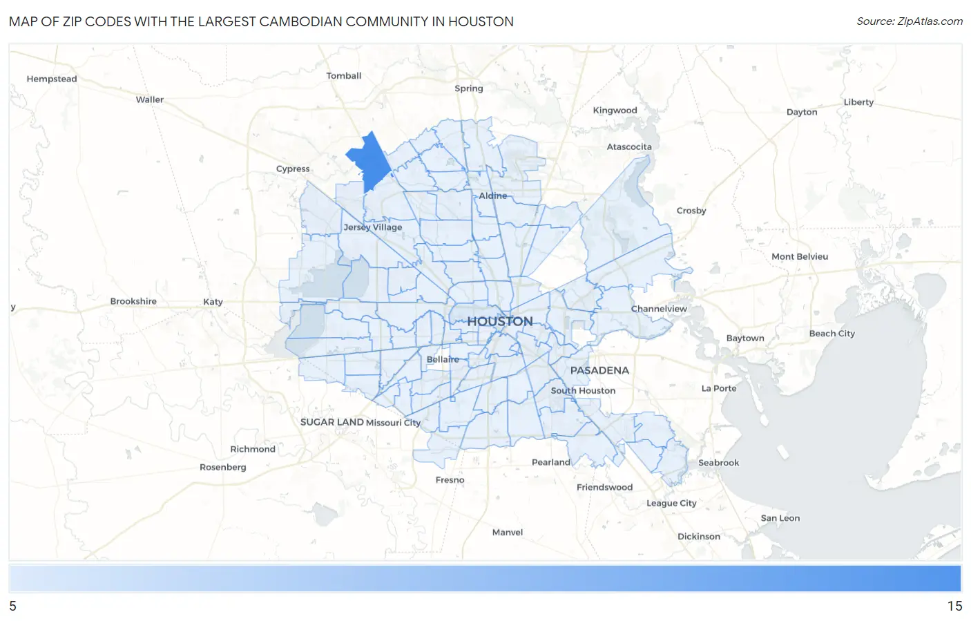 Zip Codes with the Largest Cambodian Community in Houston Map