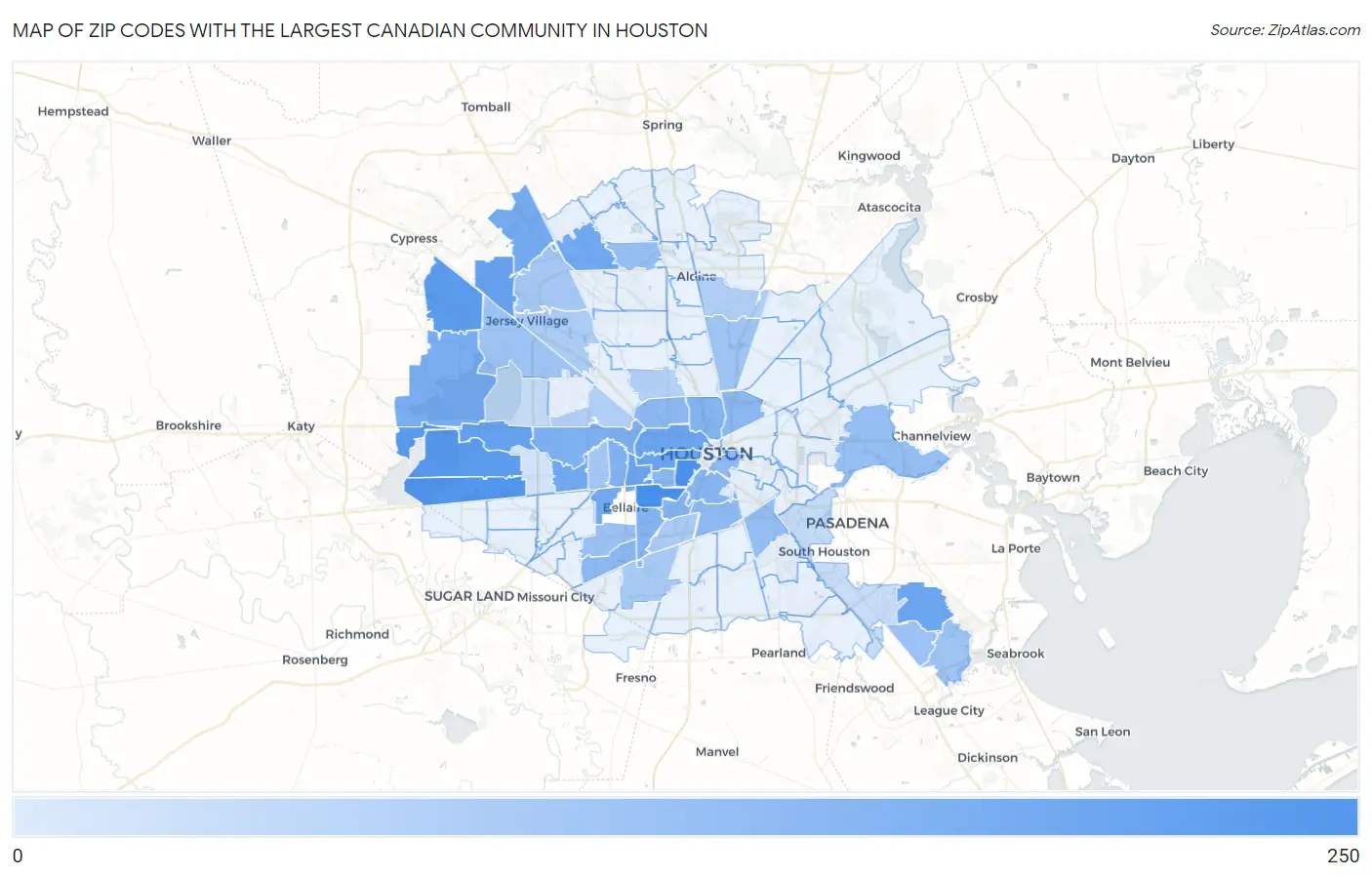 Zip Codes with the Largest Canadian Community in Houston Map