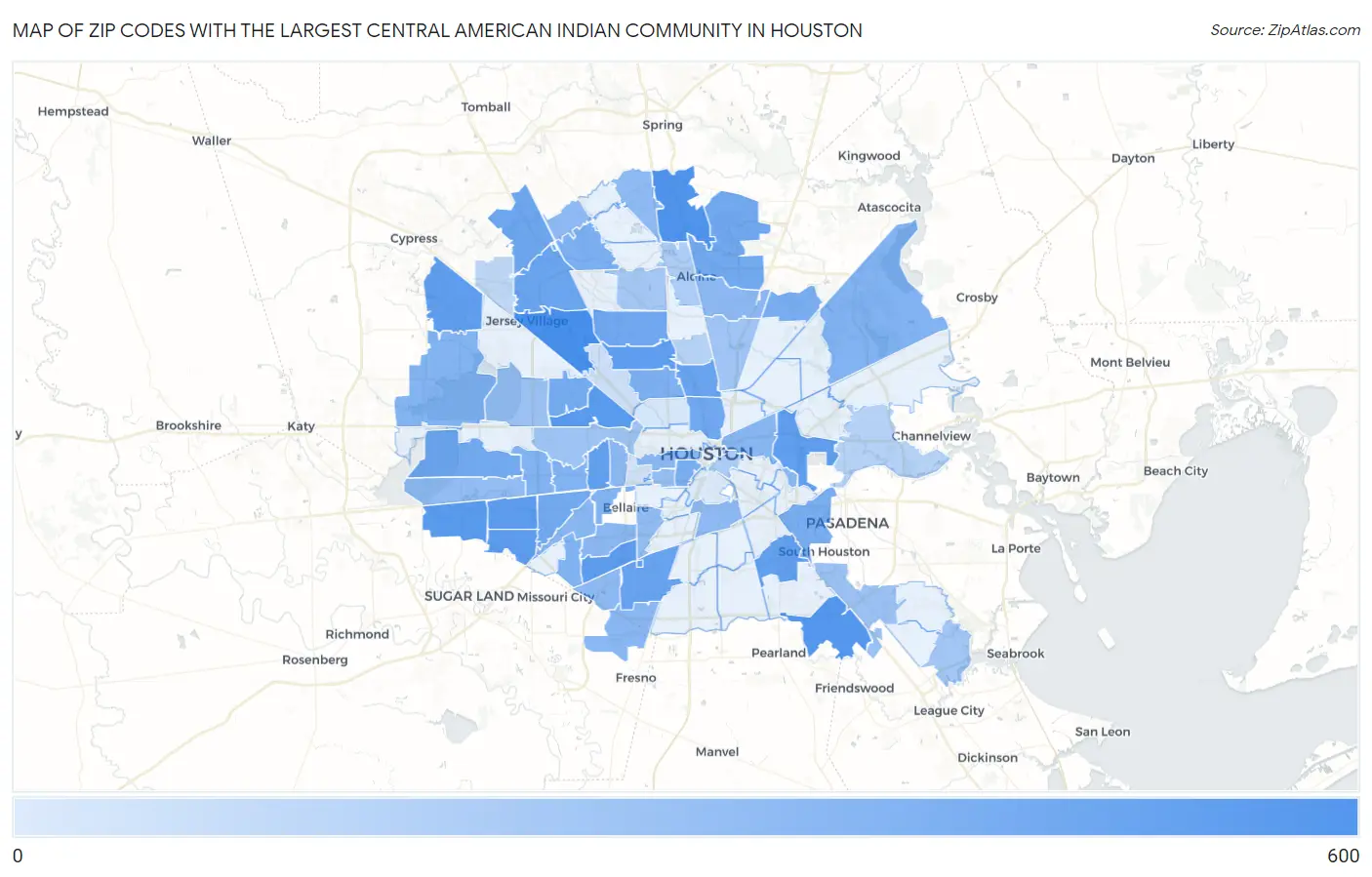 Zip Codes with the Largest Central American Indian Community in Houston Map