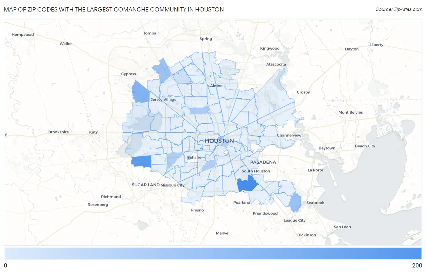 Zip Codes with the Largest Comanche Community in Houston Map