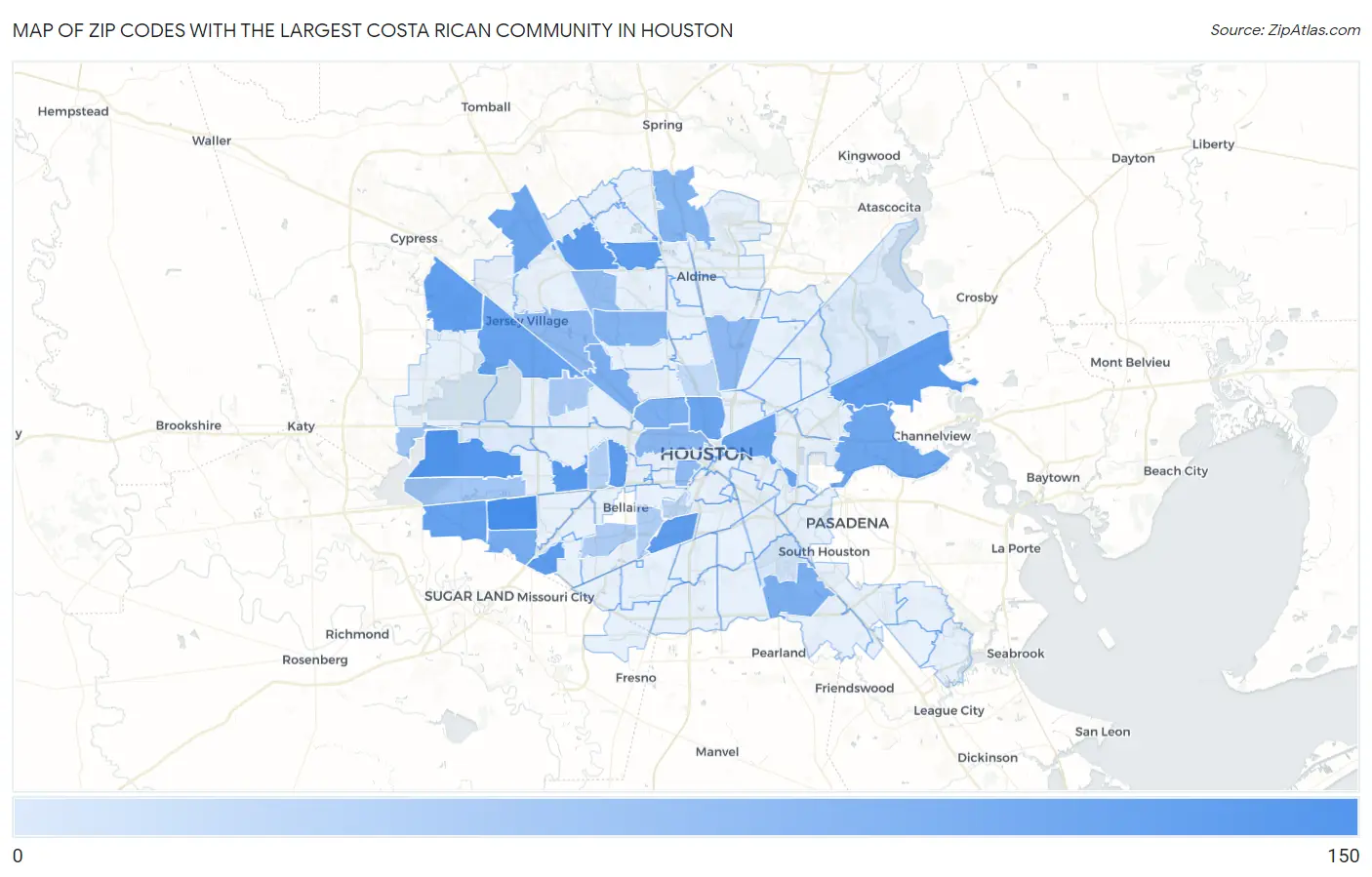 Zip Codes with the Largest Costa Rican Community in Houston Map