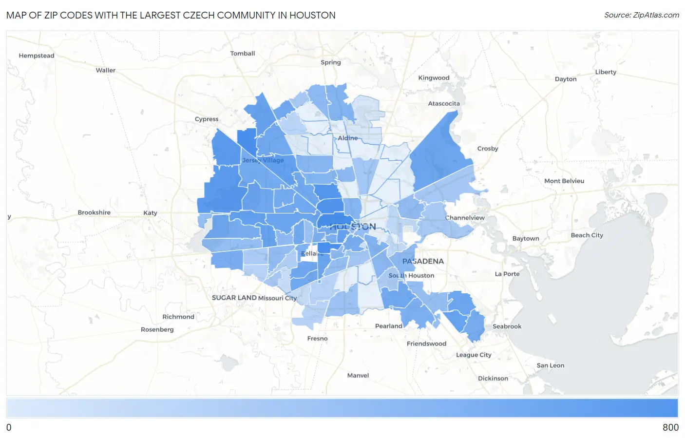 Zip Codes with the Largest Czech Community in Houston Map