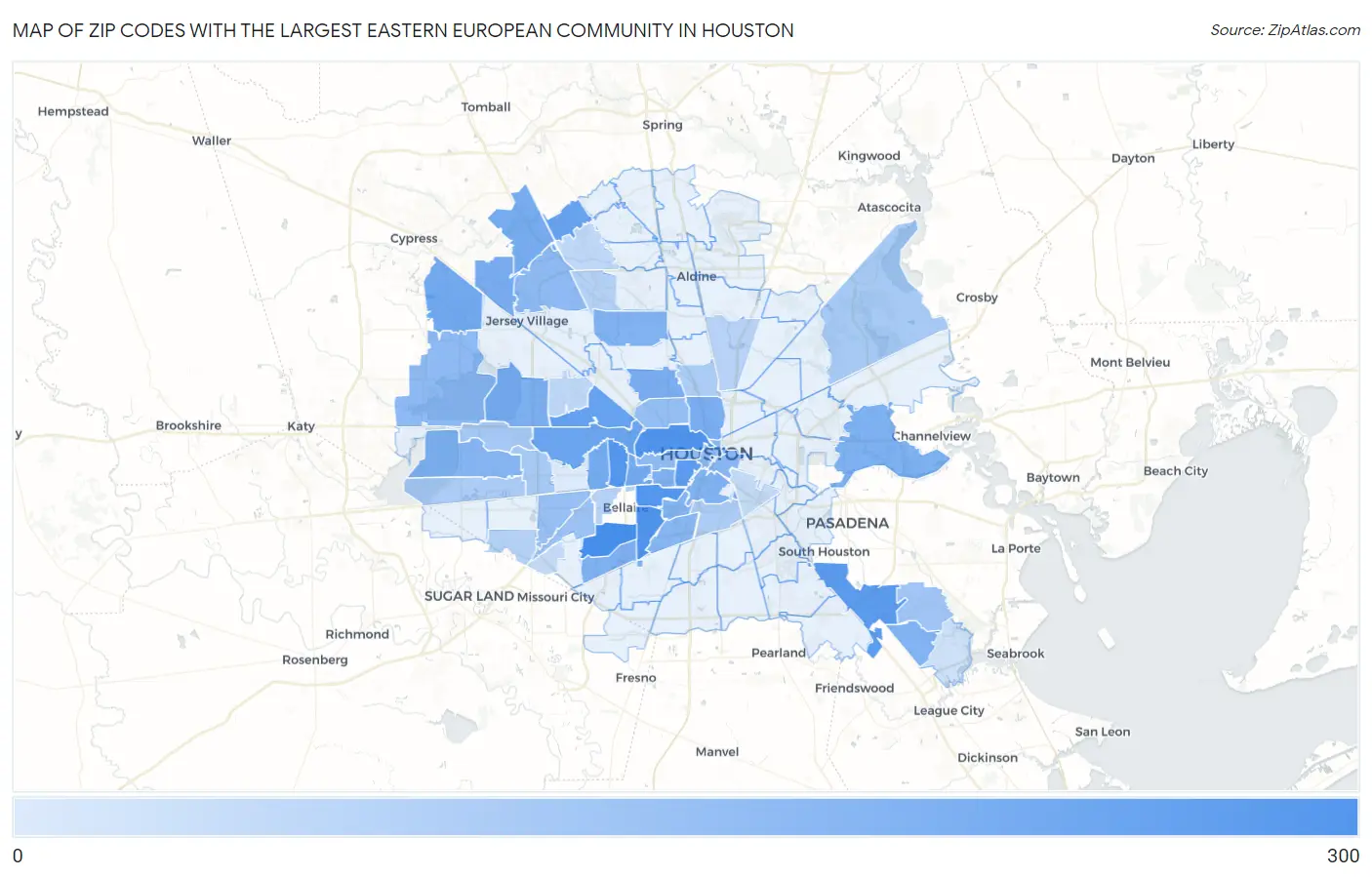 Zip Codes with the Largest Eastern European Community in Houston Map