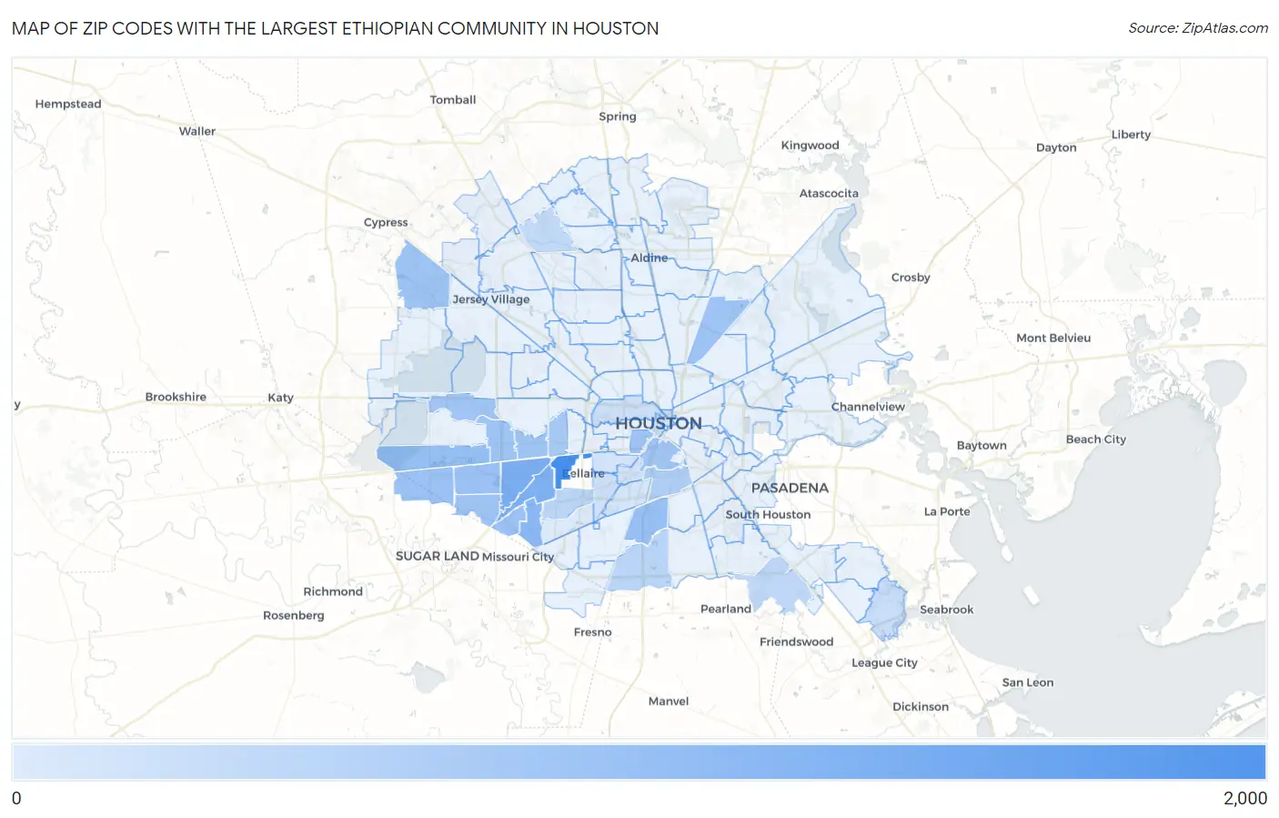 Zip Codes with the Largest Ethiopian Community in Houston Map