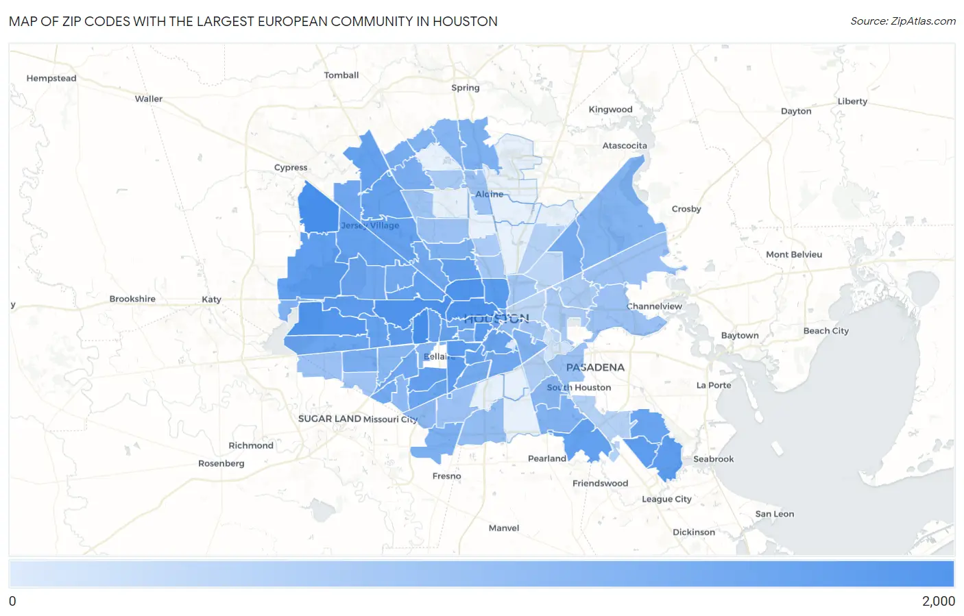 Zip Codes with the Largest European Community in Houston Map