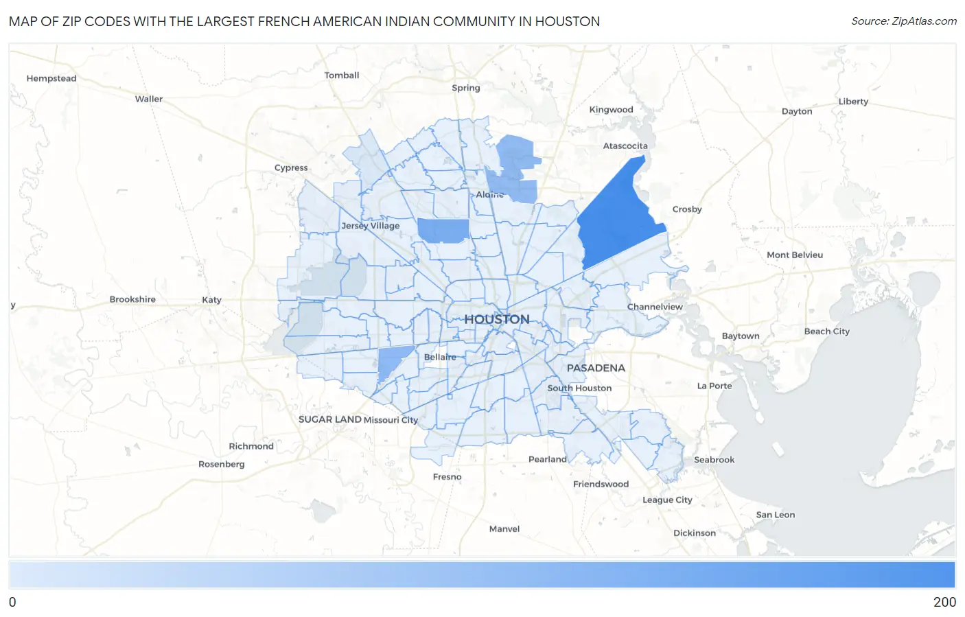 Zip Codes with the Largest French American Indian Community in Houston Map
