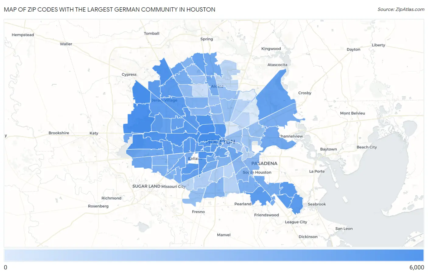 Zip Codes with the Largest German Community in Houston Map