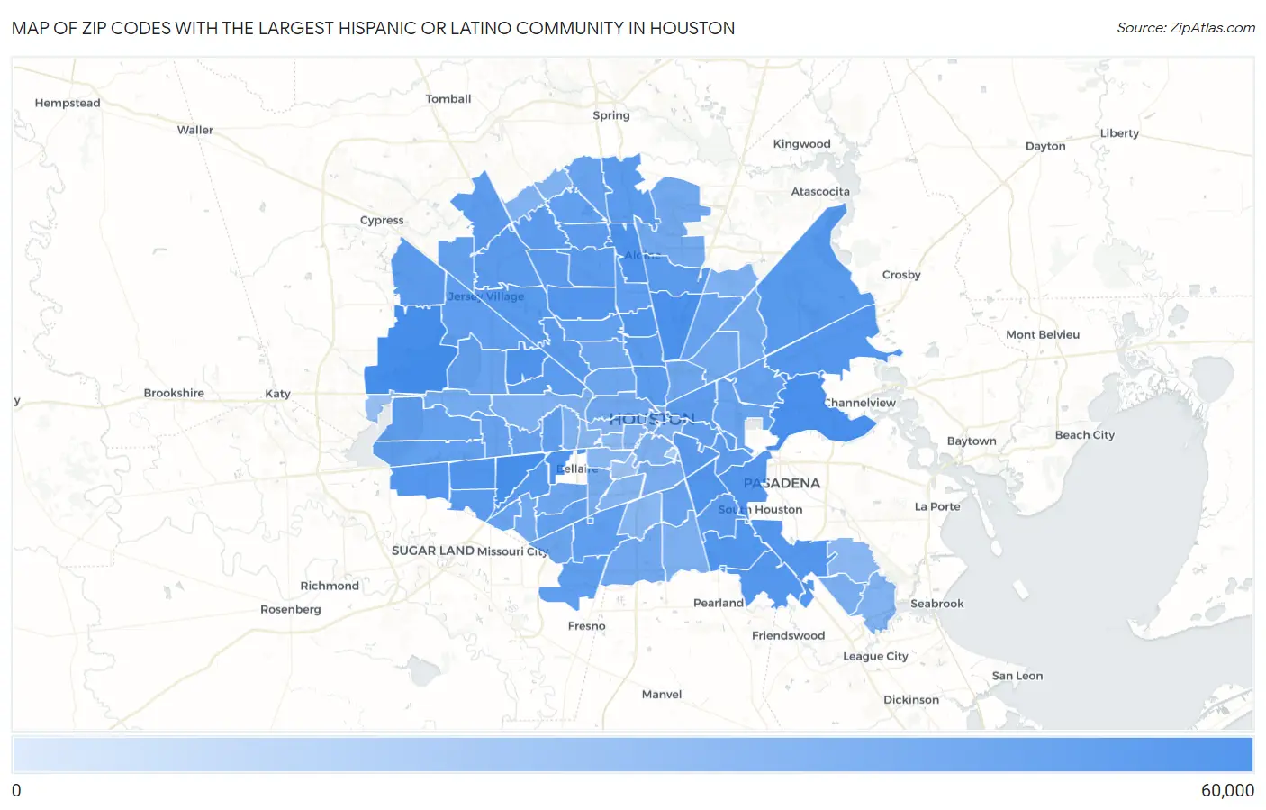 Zip Codes with the Largest Hispanic or Latino Community in Houston Map