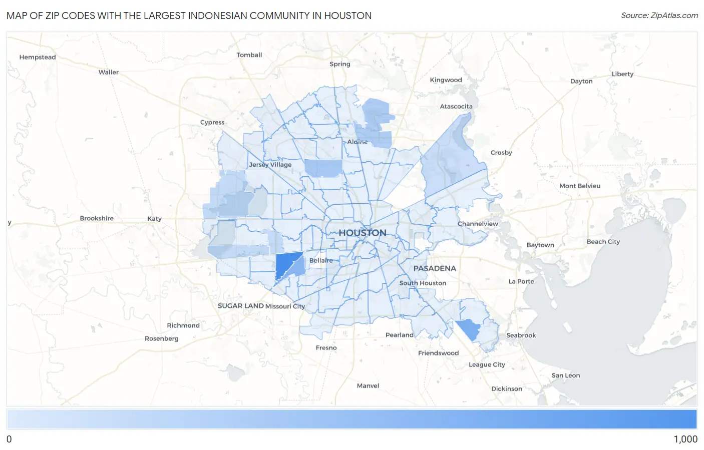 Zip Codes with the Largest Indonesian Community in Houston Map