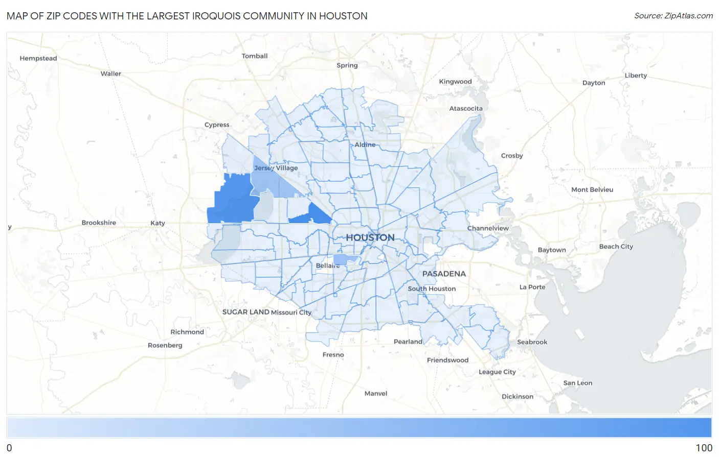 Zip Codes with the Largest Iroquois Community in Houston Map
