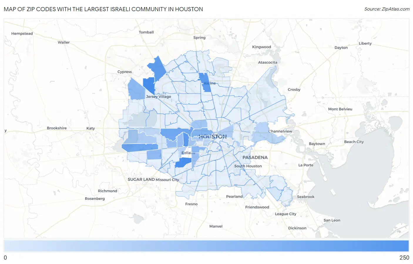 Zip Codes with the Largest Israeli Community in Houston Map