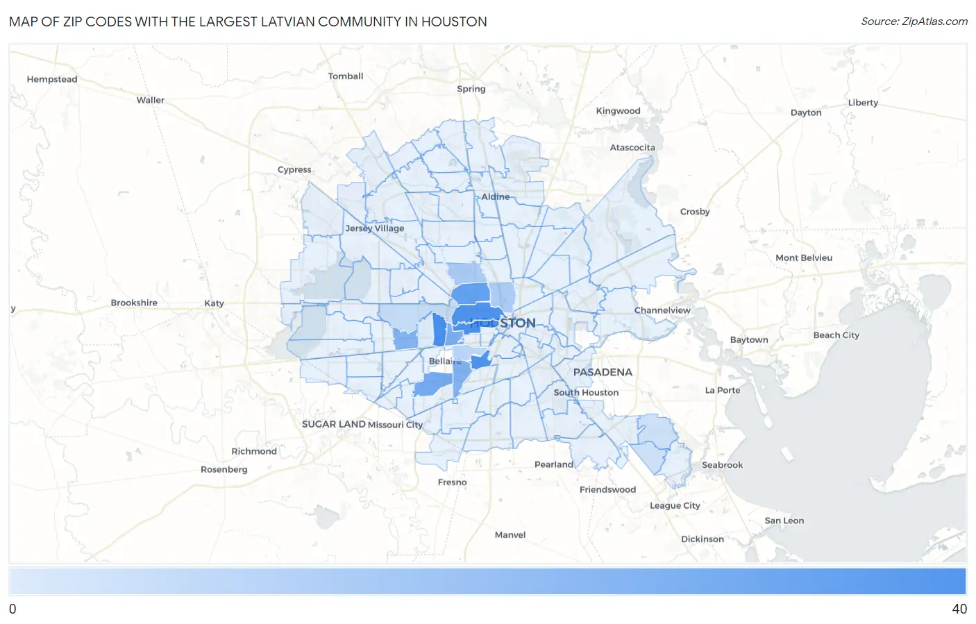 Zip Codes with the Largest Latvian Community in Houston Map