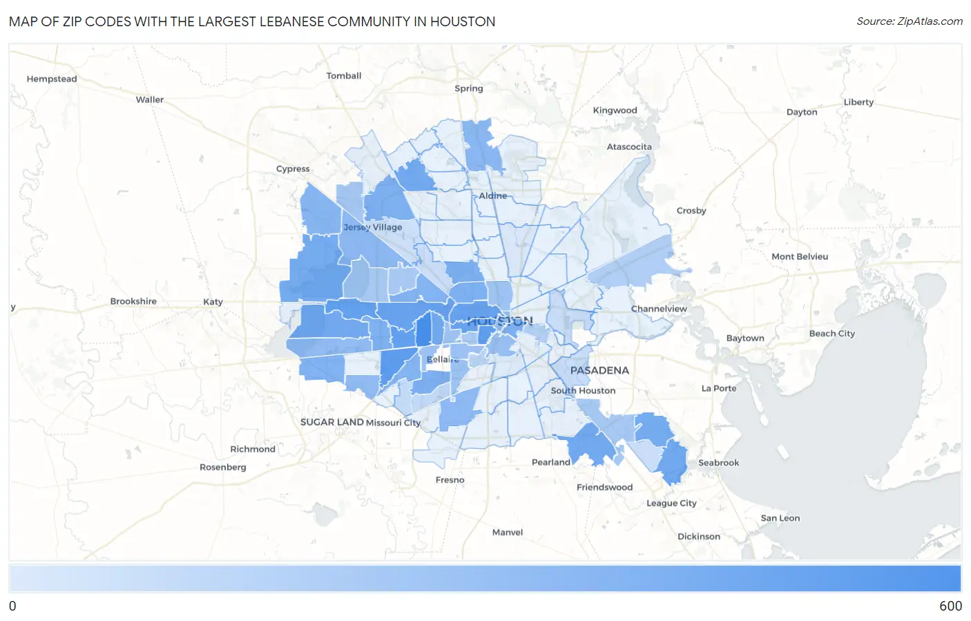 Zip Codes with the Largest Lebanese Community in Houston Map