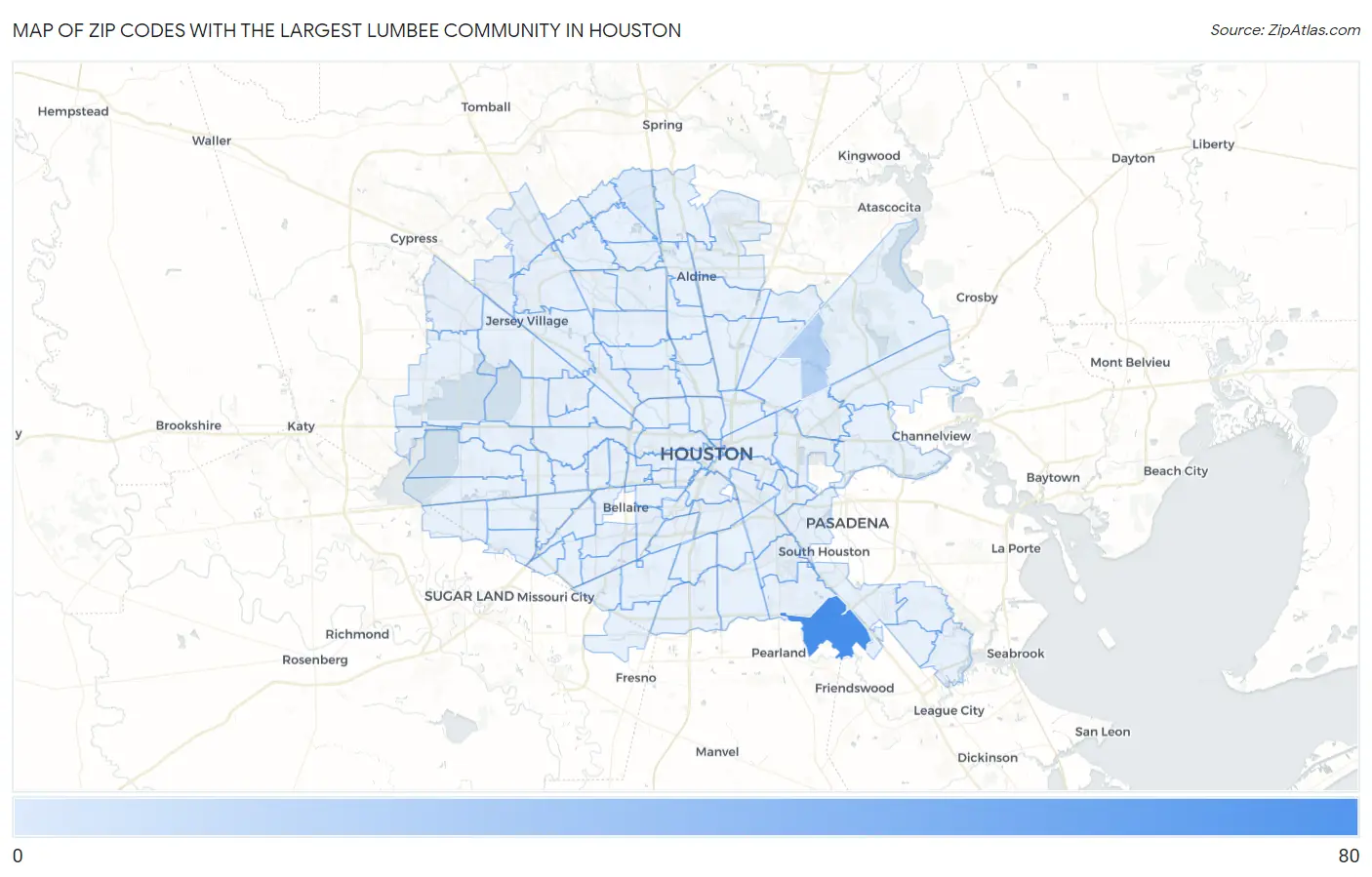 Zip Codes with the Largest Lumbee Community in Houston Map