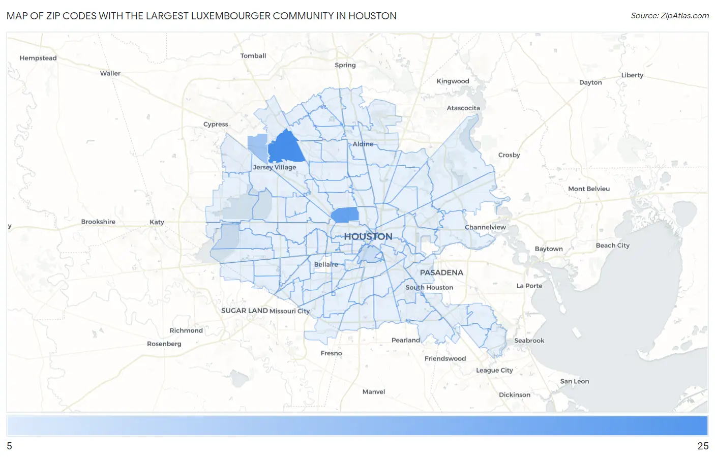 Zip Codes with the Largest Luxembourger Community in Houston Map