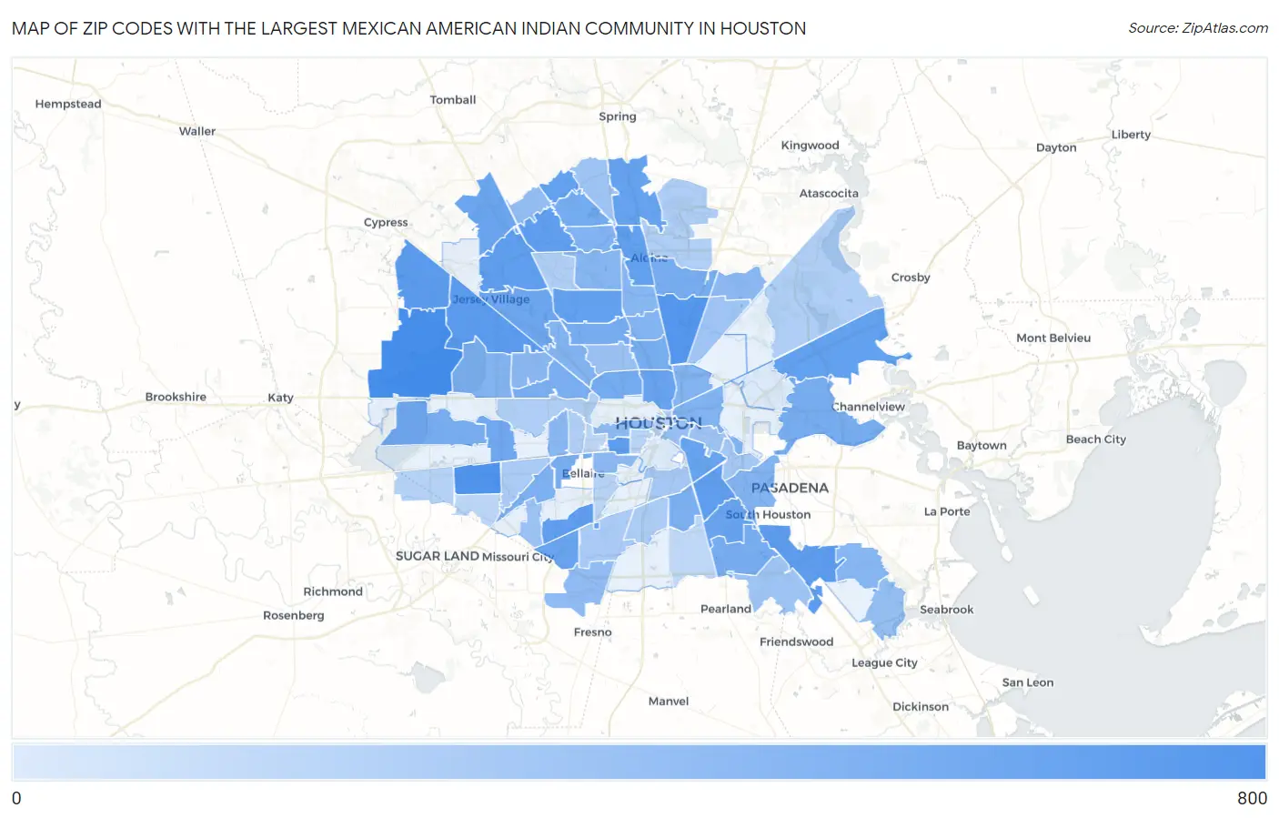 Zip Codes with the Largest Mexican American Indian Community in Houston Map