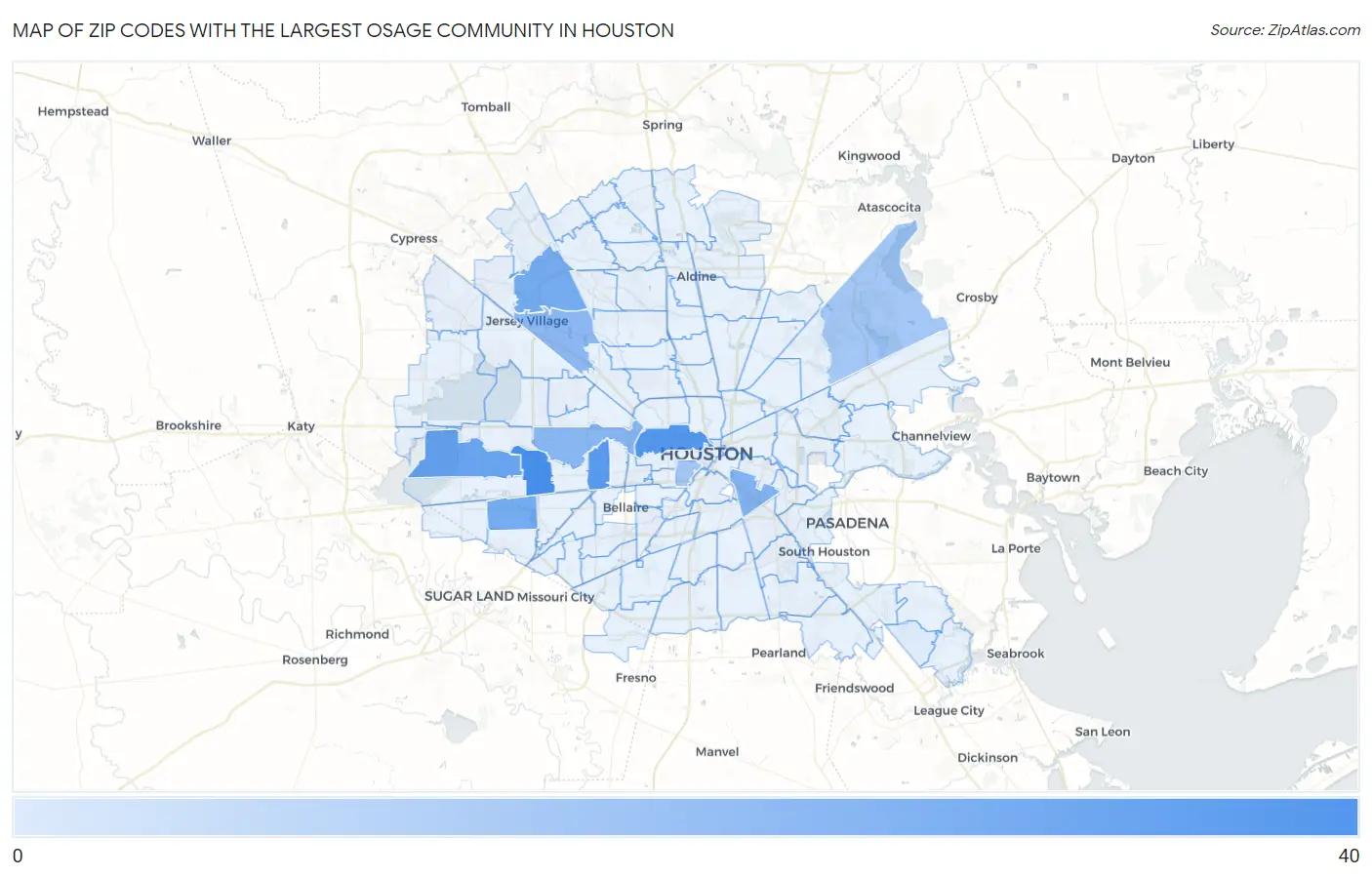 Zip Codes with the Largest Osage Community in Houston Map
