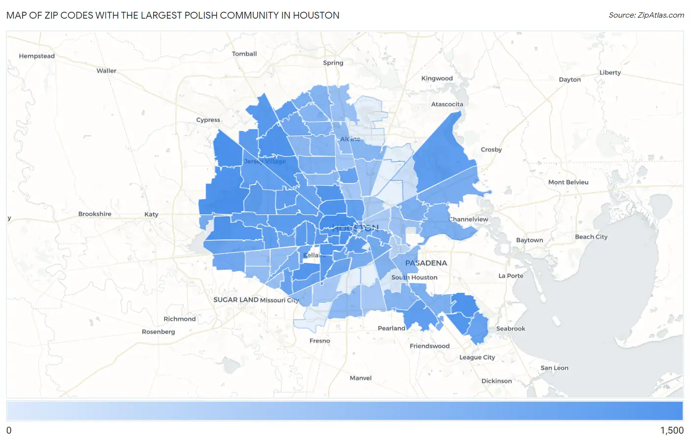 Zip Codes with the Largest Polish Community in Houston Map