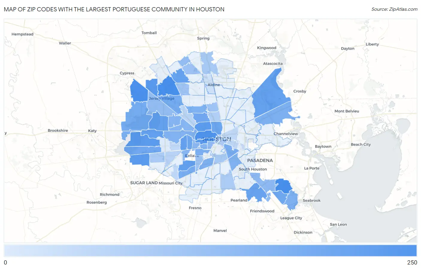 Zip Codes with the Largest Portuguese Community in Houston Map