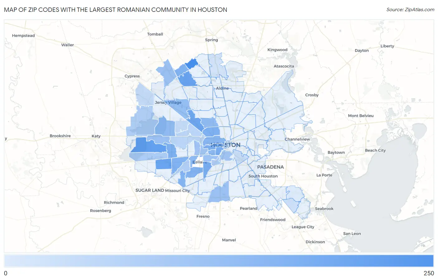 Zip Codes with the Largest Romanian Community in Houston Map