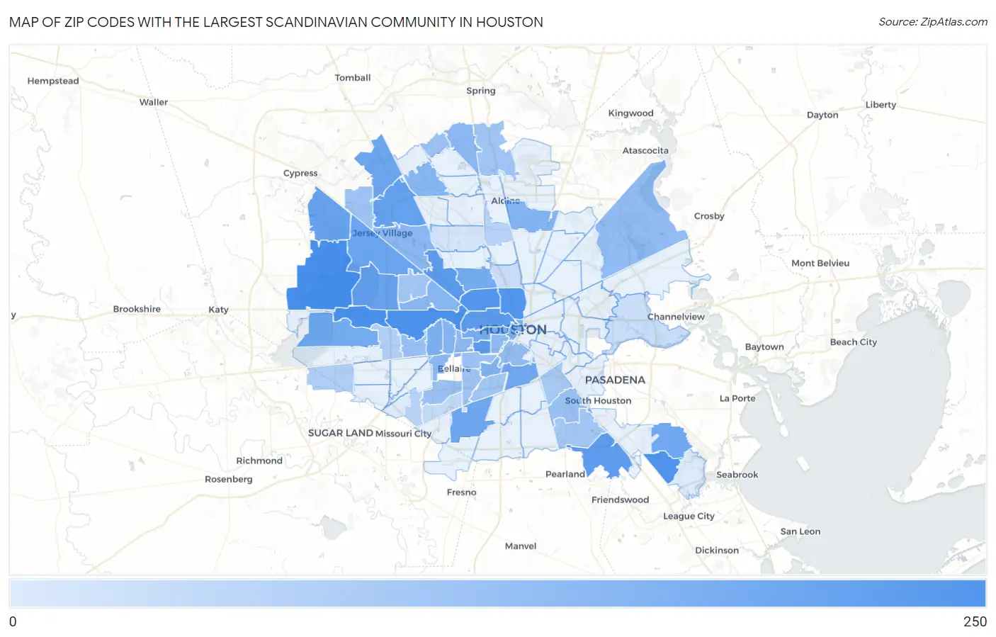 Zip Codes with the Largest Scandinavian Community in Houston Map