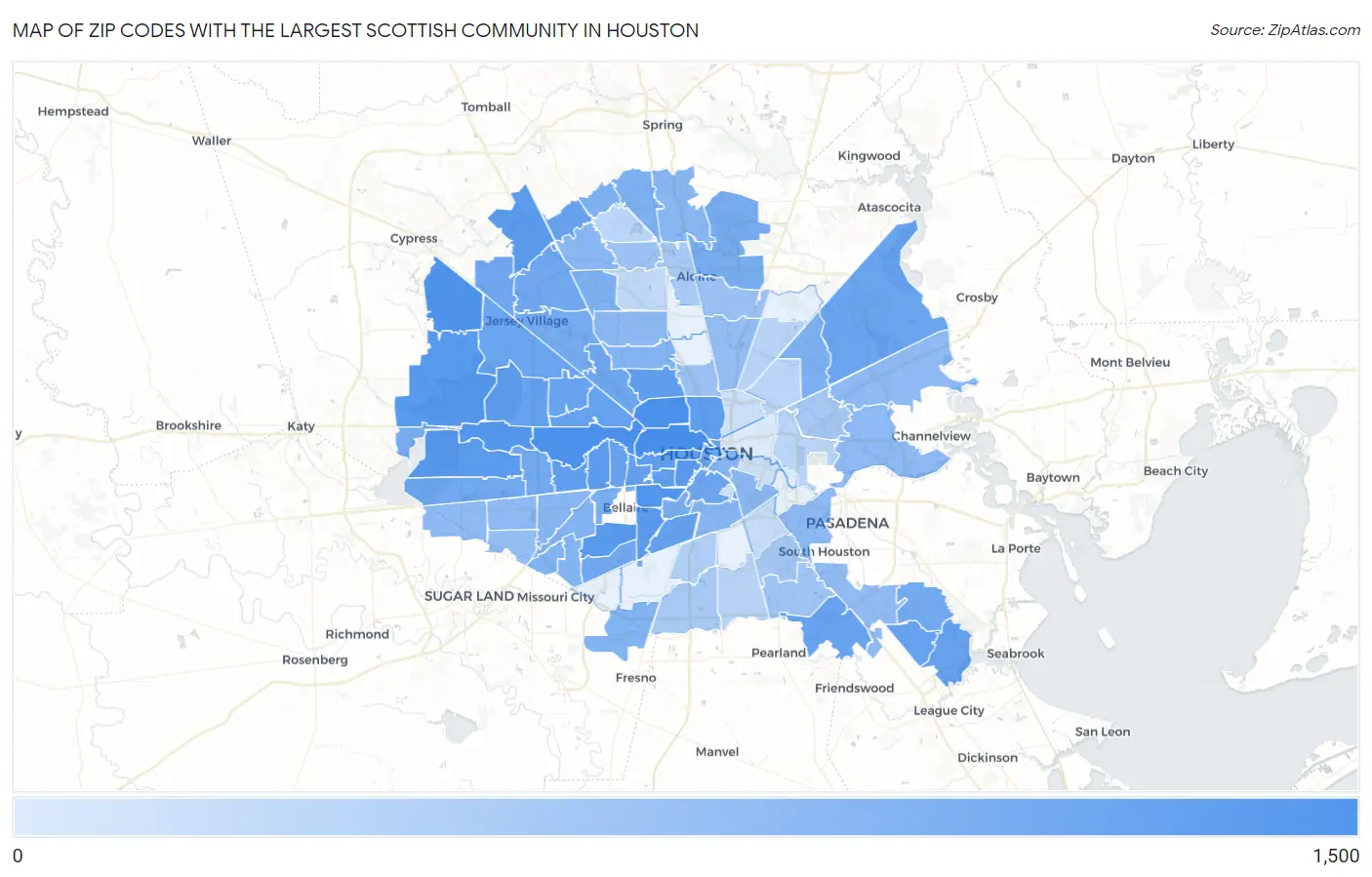 Zip Codes with the Largest Scottish Community in Houston Map