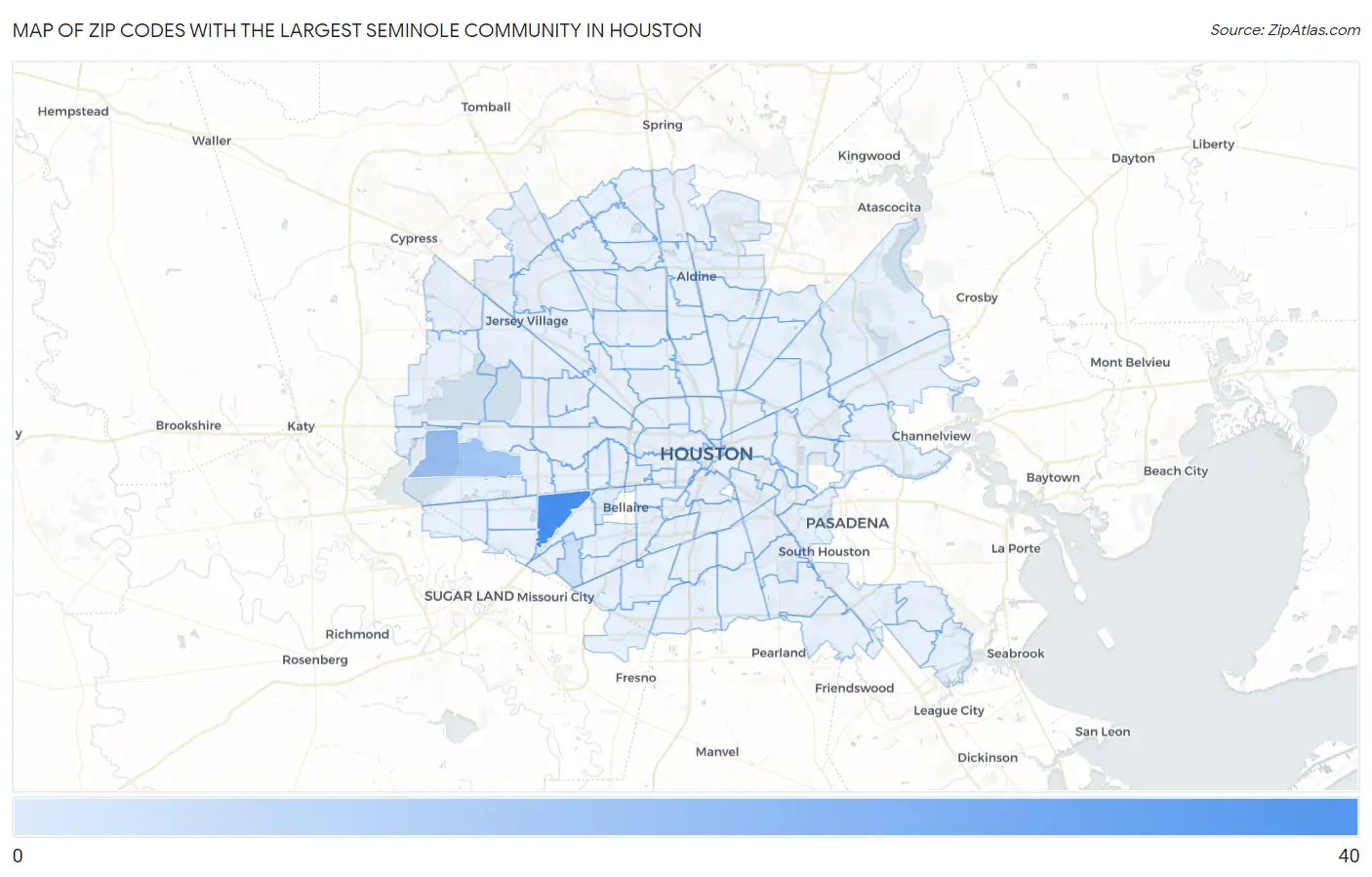 Zip Codes with the Largest Seminole Community in Houston Map