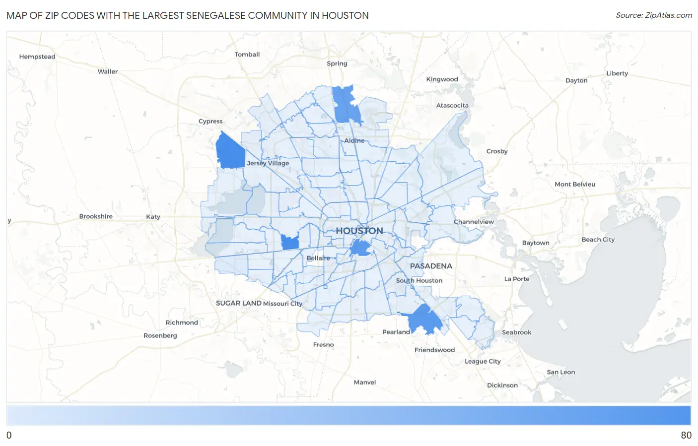Zip Codes with the Largest Senegalese Community in Houston Map